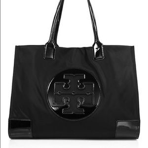 Tory Burch Ella Tote Patent Leather Trim Black